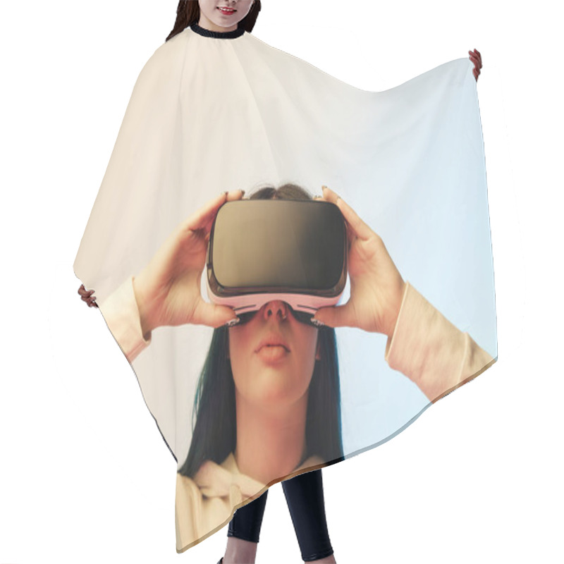 Personality  Beautiful Young Woman Touching Virtual Reality Headset On Beige And Blue  Hair Cutting Cape