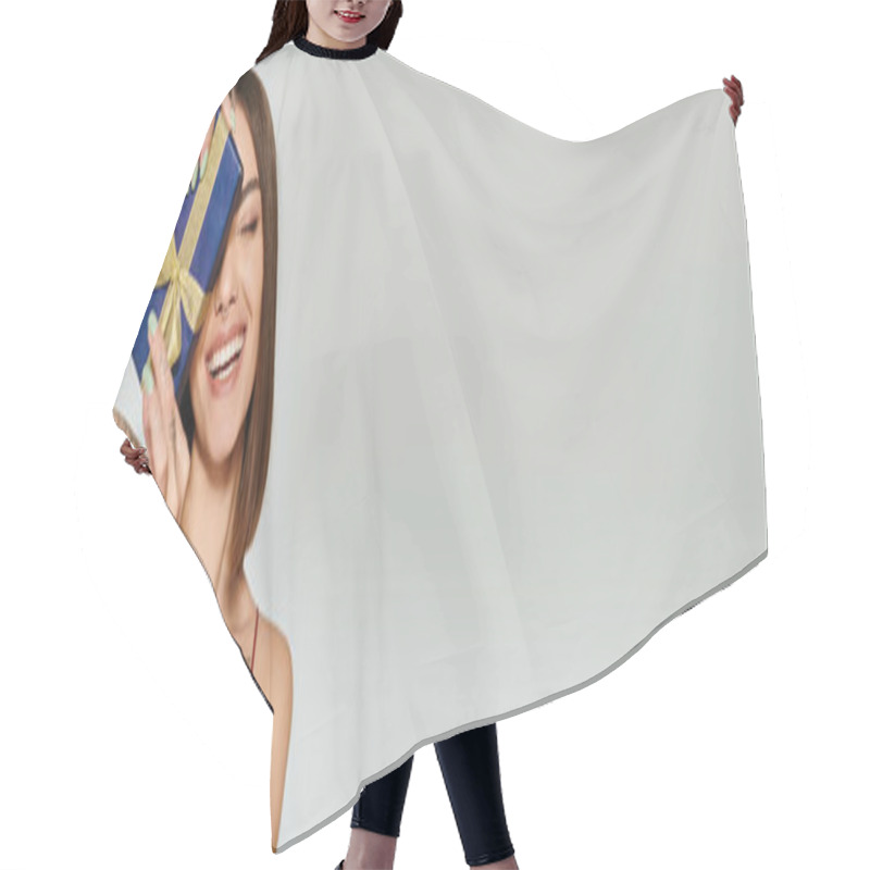 Personality  Jolly Lady Smiling With Closed Eyes With Present In Front Of Her Face, Holiday Gifts Concept, Banner Hair Cutting Cape