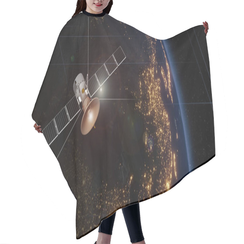 Personality  Communication Satellite Floating In Space With A Globe In The Background Transmitting Via Satellite 3D Illustration Hair Cutting Cape