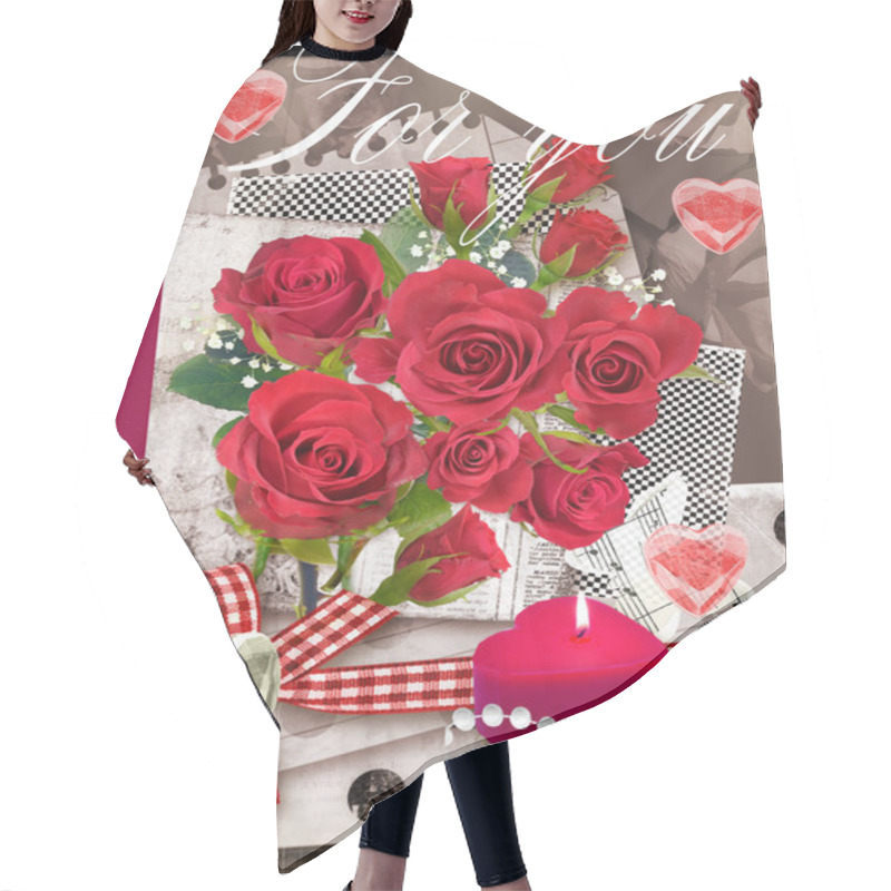 Personality  Holiday Card With Bouquet Of Beautiful Roses. Hair Cutting Cape