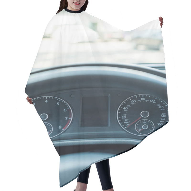 Personality  Close Up View Of Black Speedometer And Steering Wheel In Car Hair Cutting Cape