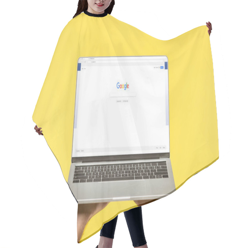 Personality  Cropped Shot Of Person Holding Laptop With Google Website On Screen Isolated On Yellow Hair Cutting Cape