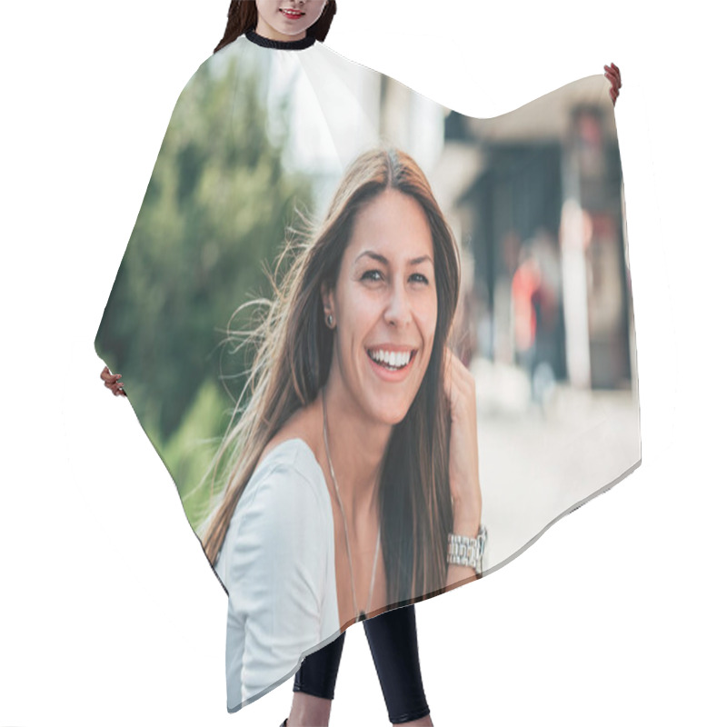 Personality  Portrait Of Gorgeous Smiling Young Woman Outdoors. Hair Cutting Cape