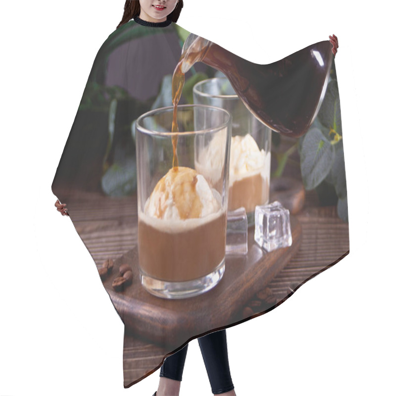 Personality  Affogato Coffee With Ice Cream In A Glass On The Wooden Table. Hair Cutting Cape