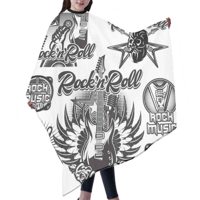 Personality  Set Of Monochrome Vector Patterns On The Theme Of Rock Music, Rock And Roll. Hair Cutting Cape