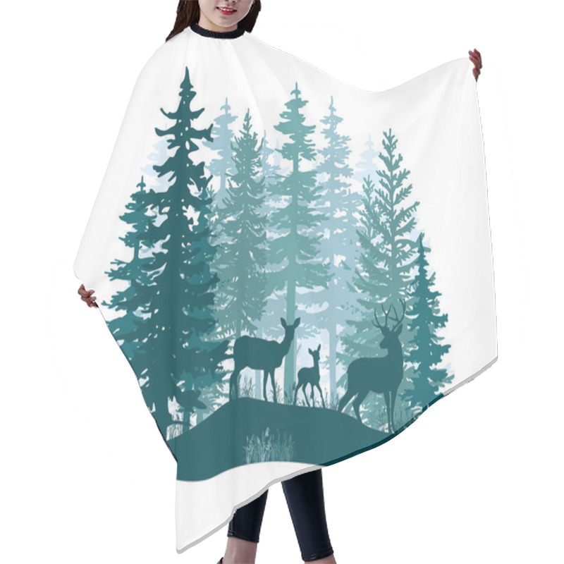 Personality  Deer With Antlers, Doe, Fawn Posing In Magic Misty Forest. Silhouettes Illustration. Coniferous Trees. Hair Cutting Cape