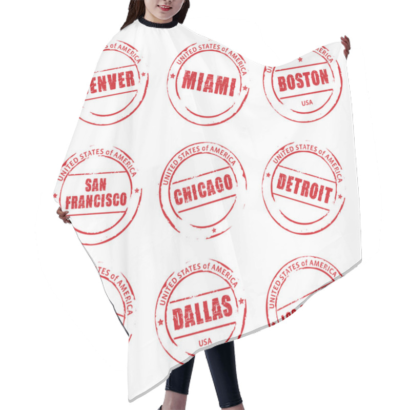 Personality  Red Vector Grunge Stamp, American Cities. Denver, Miami, Boston, Hair Cutting Cape