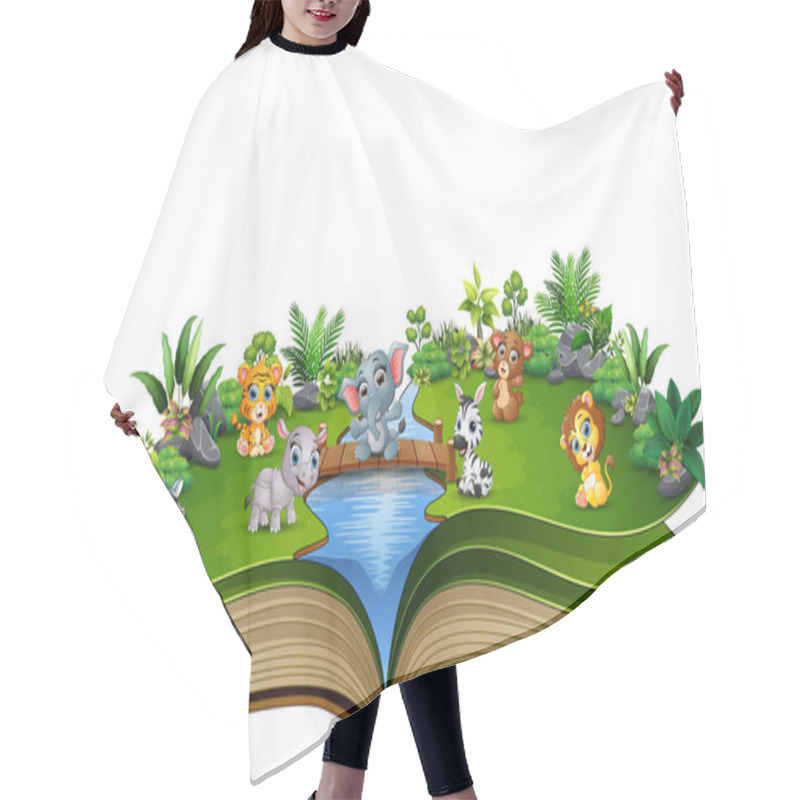 Personality  Open Book With Baby Animal Cartoon Playing In The River Hair Cutting Cape