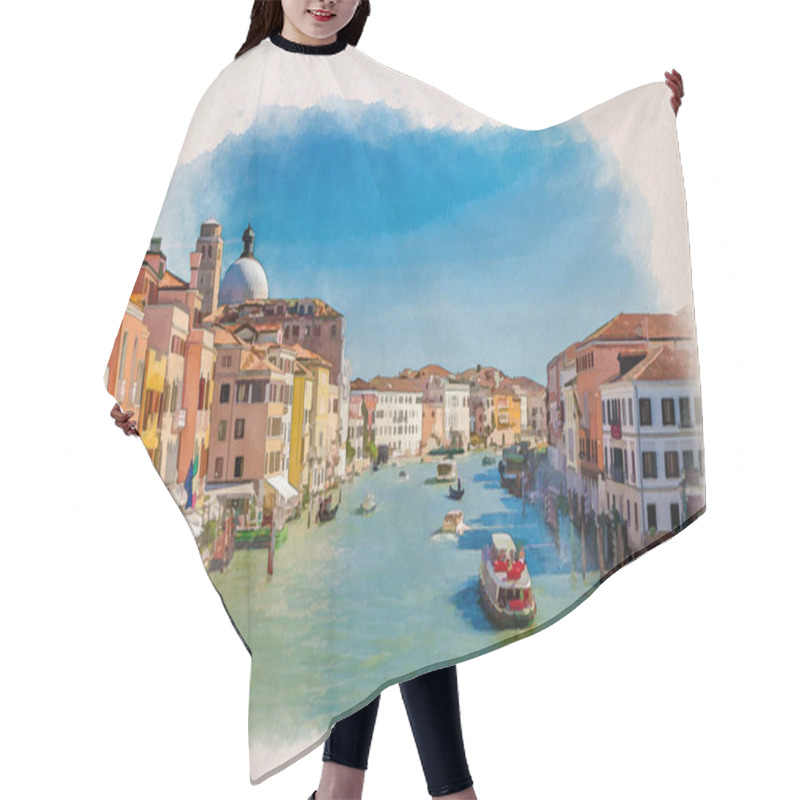 Personality  Watercolor Drawing Of Venice Cityscape With Grand Canal Waterway. View From Scalzi Bridge. Gondolas, Boats, Yachts, Vaporettos Docked And Sailing Canal Grande. Venetian Architecture Buildings. Italy. Hair Cutting Cape