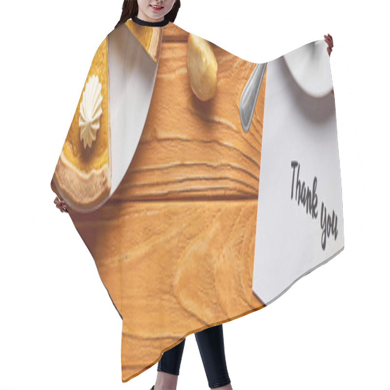 Personality  Top View Of Pumpkin Pie, Ripe Apples And Thank You Card On Wooden Table, Panoramic Shot Hair Cutting Cape