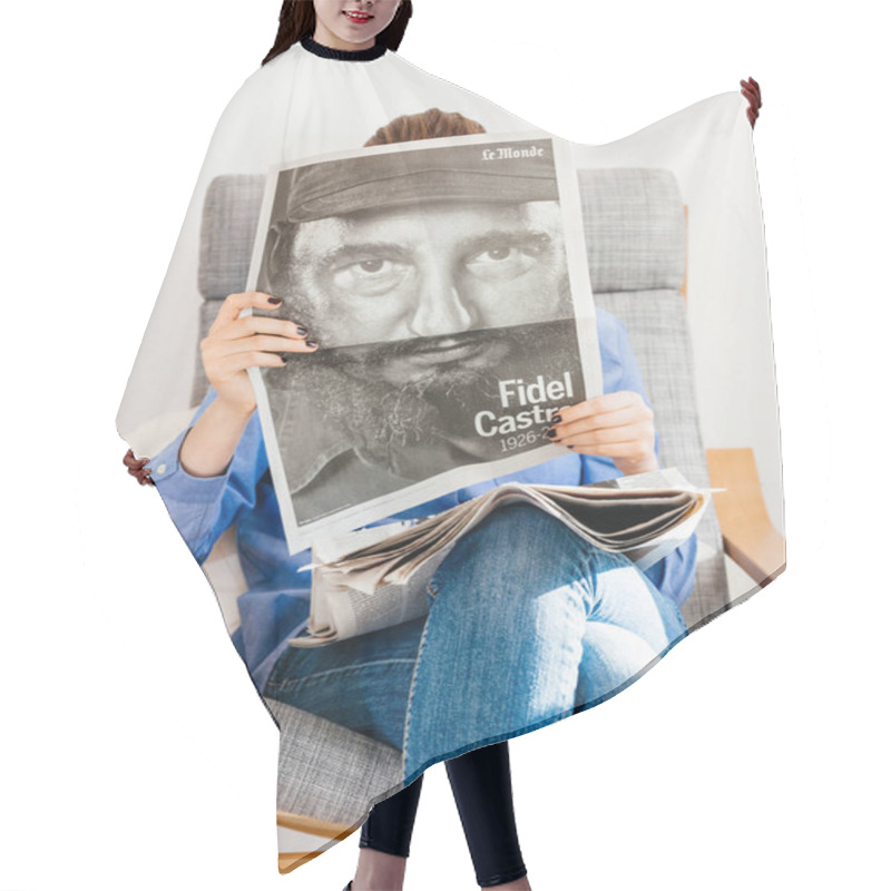 Personality  Woman Reading About Fidel Castro Death Portrait Main Page Hair Cutting Cape