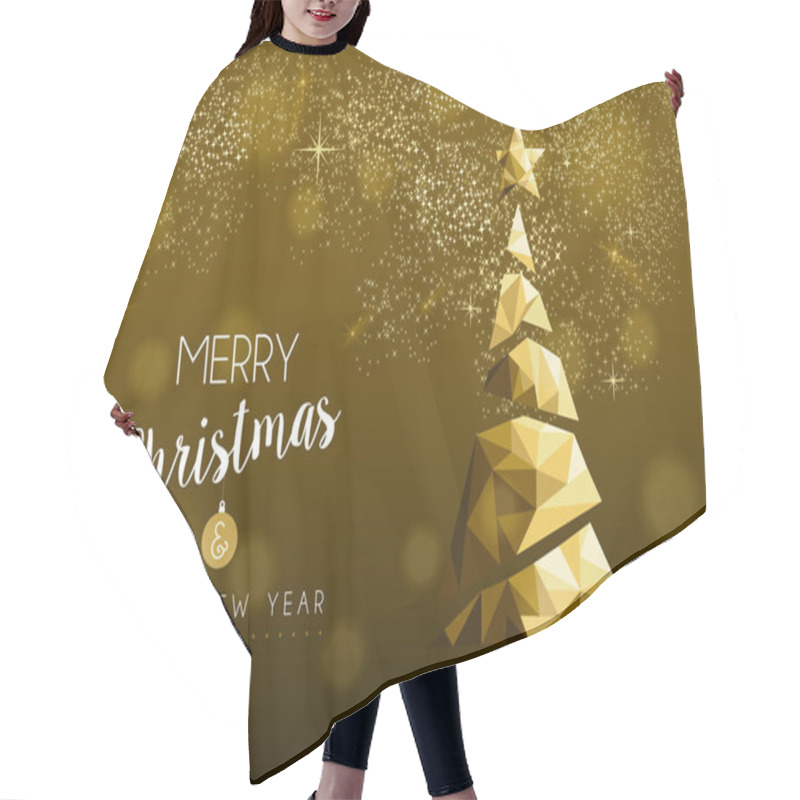 Personality  Merry Christmas And Happy New Year Gold Pine Tree In Hipster Triangle Low Poly Style On Golden Background. Xmas Greeting Card Or Elegant Holiday Party Invitation. Hair Cutting Cape