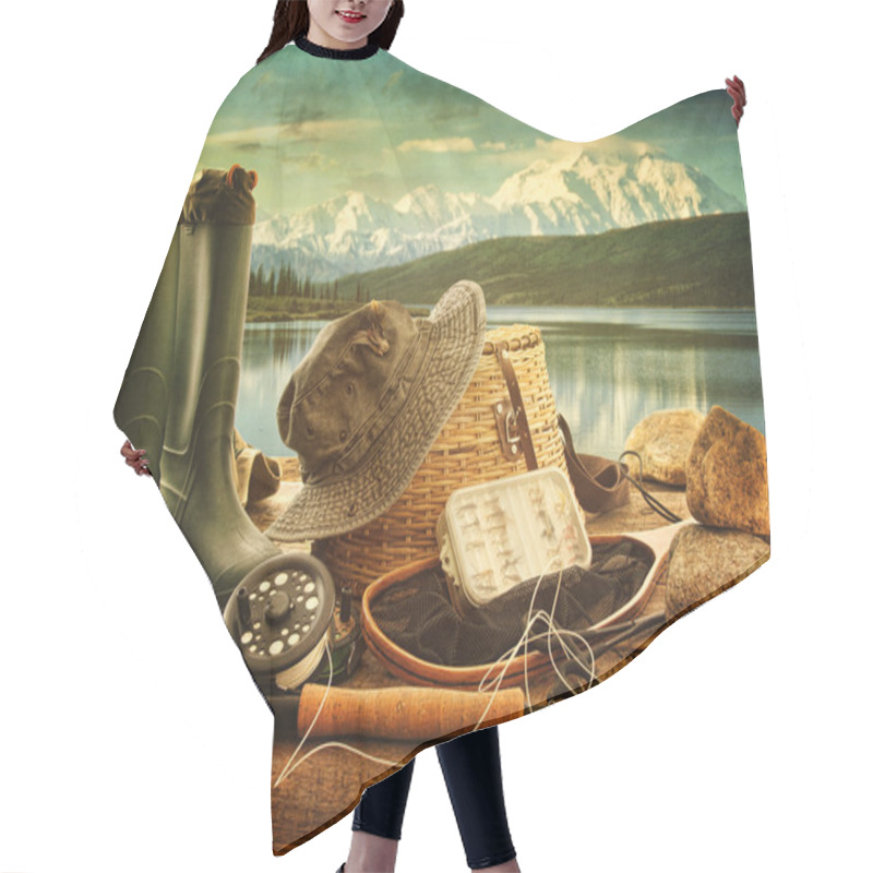 Personality  Fly Fishing Equipment On Deck With View Of A Lake And Mountains Hair Cutting Cape