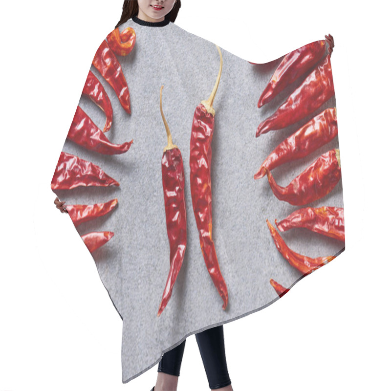 Personality  Top View Of Red Chili Peppers Arranged On Grey Tabletop Hair Cutting Cape