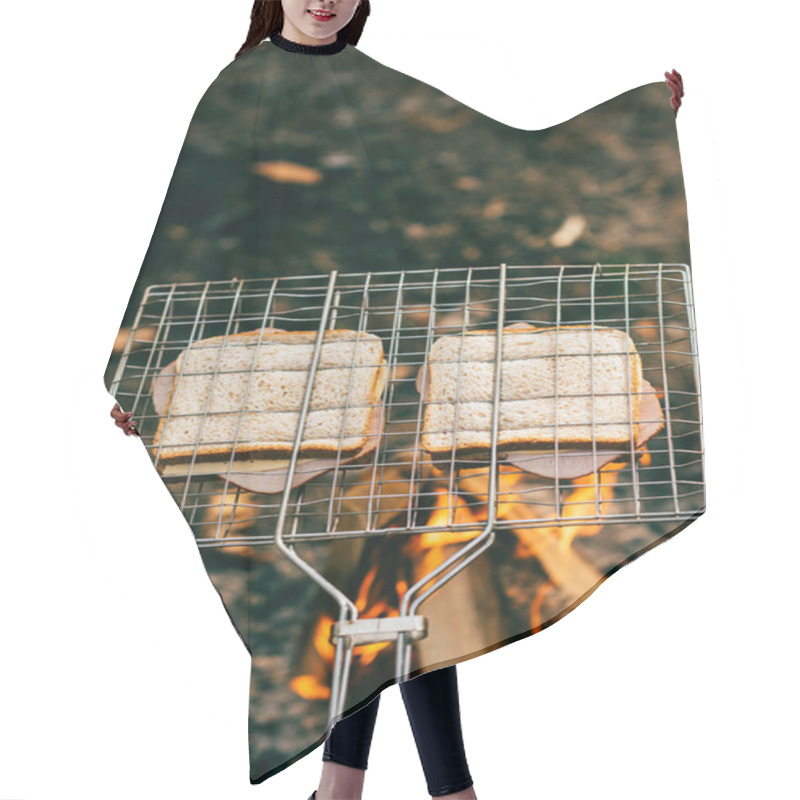 Personality  Two Sandwiches Roasting On Grill Grate Over Fire Hair Cutting Cape