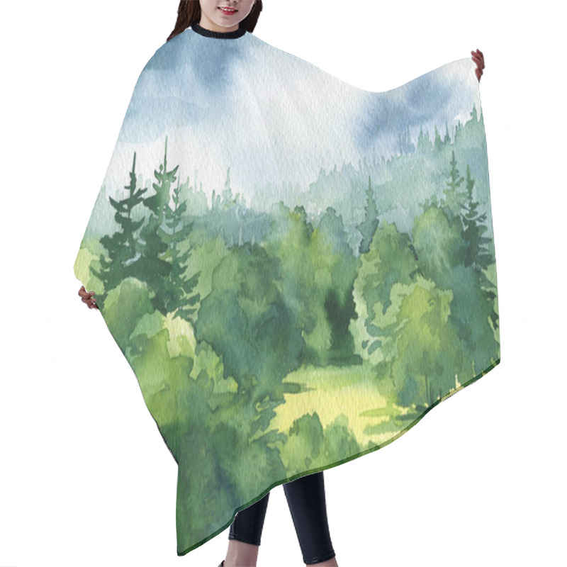 Personality  Watercolor Illustrations Of Summer Landscape, Pine And Fir Trees, Abstract Nature Background. High Quality Illustration Hair Cutting Cape