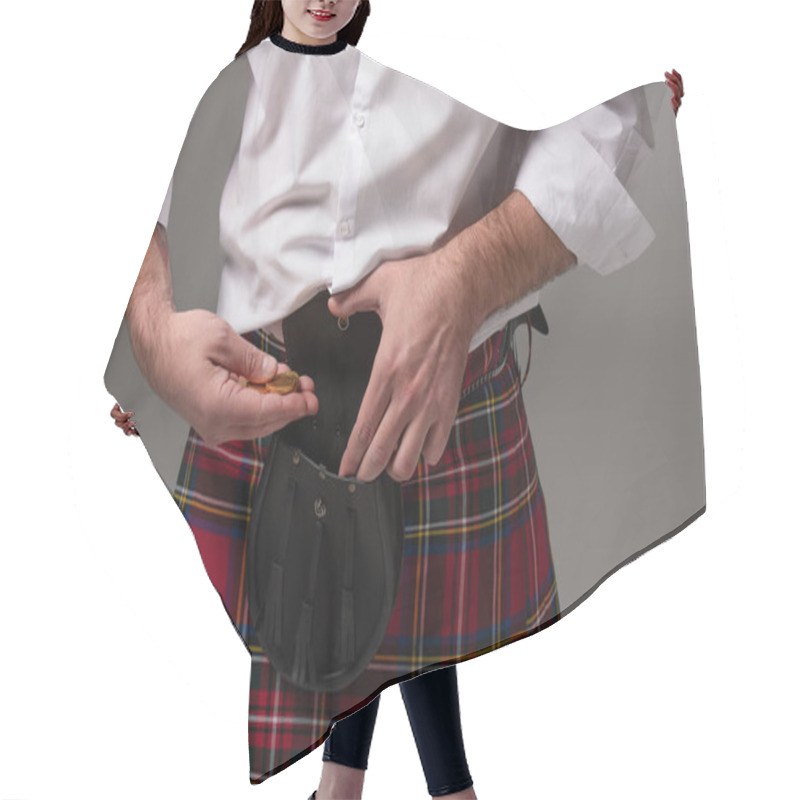 Personality  Partial View Of Scottish Man In Red Kilt Putting Gold Coins In Belt Bag Isolated On Grey Hair Cutting Cape