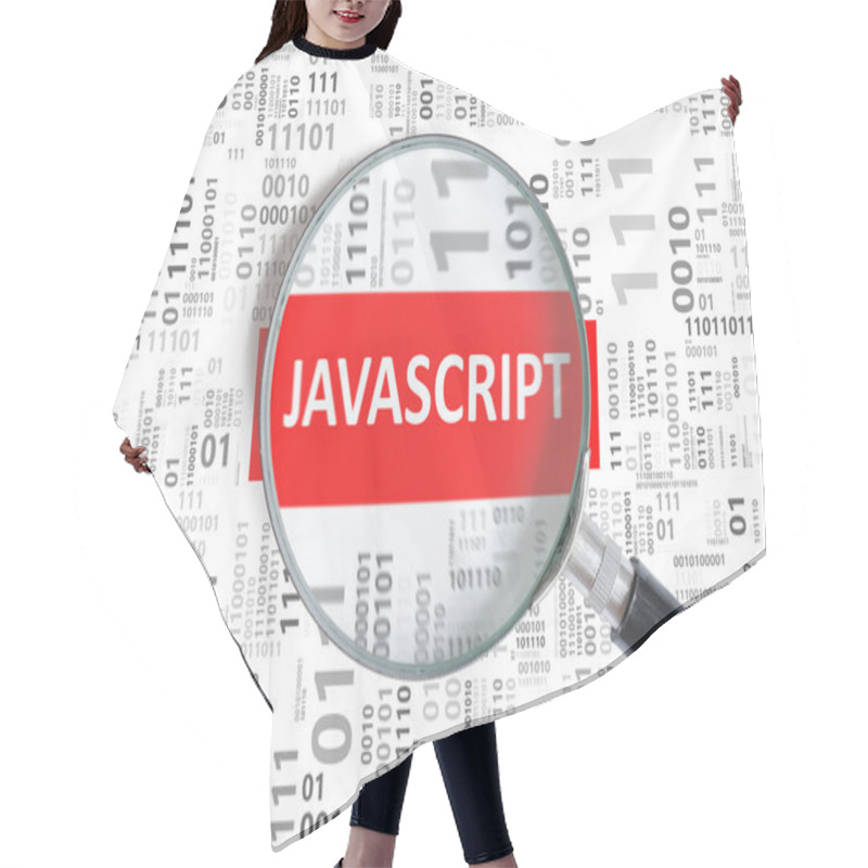 Personality  Software Development Concept. Javascript Programming Language Inside Magnifying Glass In Binary Code. Hair Cutting Cape