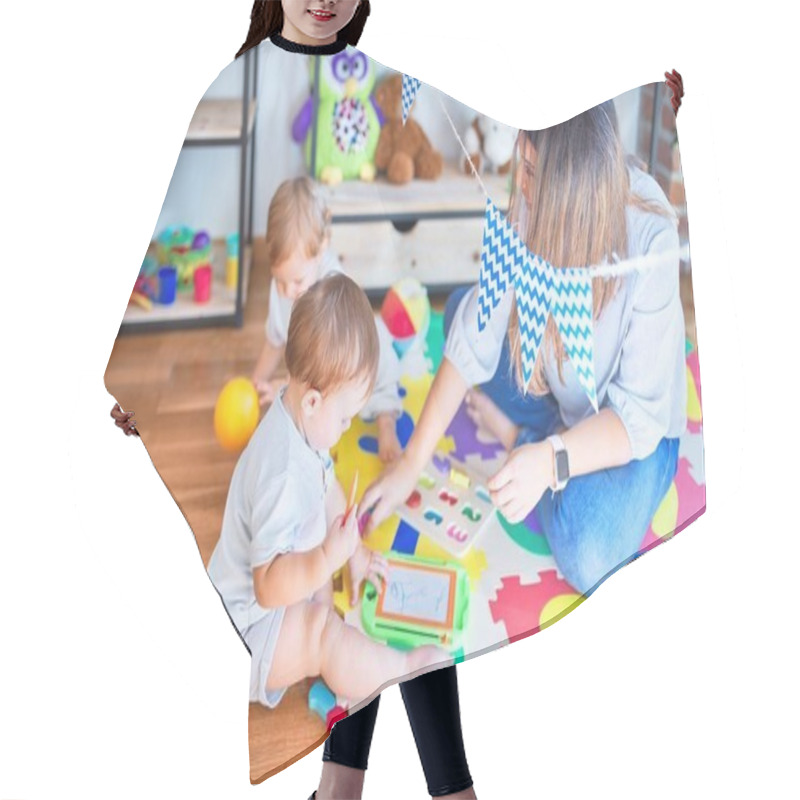 Personality  Beautiful Teacher And Toddlers Playing Around Lots Of Toys At Kindergarten Hair Cutting Cape