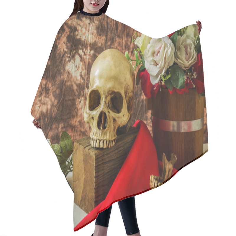 Personality  Still Life With Human Skull With Red Rose And White Rose  Hair Cutting Cape