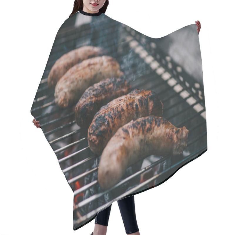 Personality  Grilled Tasty Brown Meat Sausages On Barbecue Grid Hair Cutting Cape