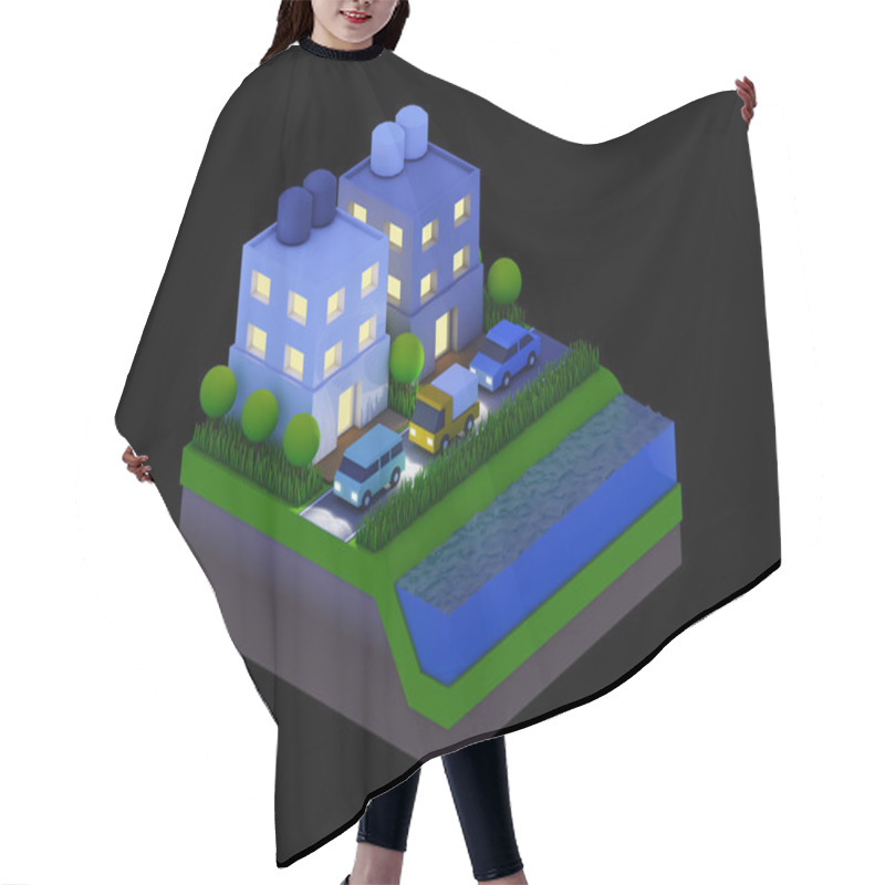 Personality   Isometric City Buildings, Landscape, Road And River, Night Scen Hair Cutting Cape