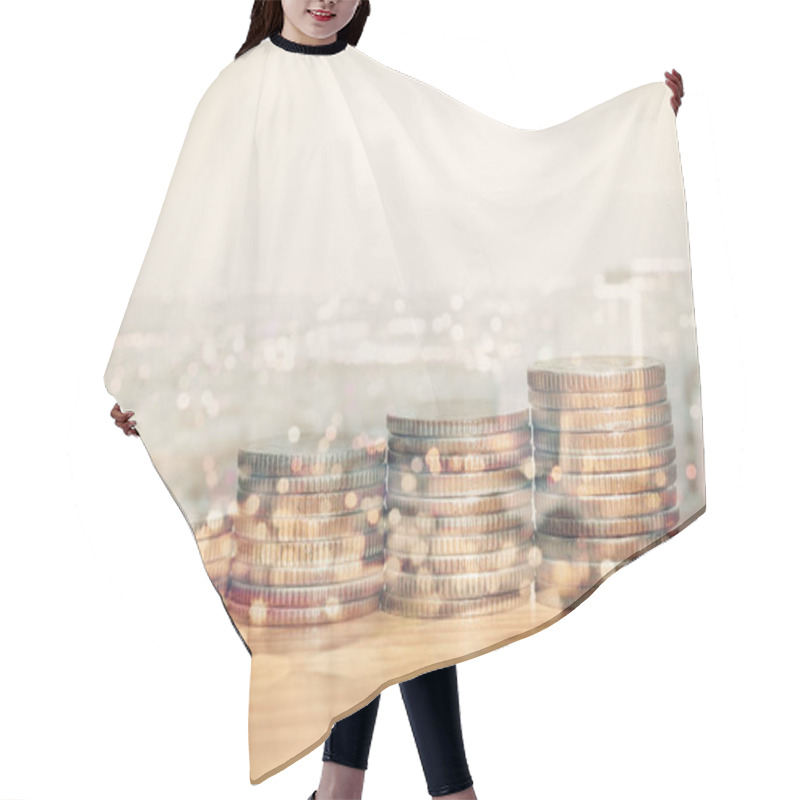 Personality  Double Exposure Of Coins And City For Business Finance Concept. Hair Cutting Cape