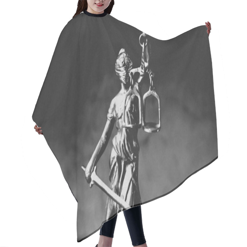 Personality  Themis Statue Justice With Scales On Dark Background With Smoke. Legal And Law Concept Hair Cutting Cape