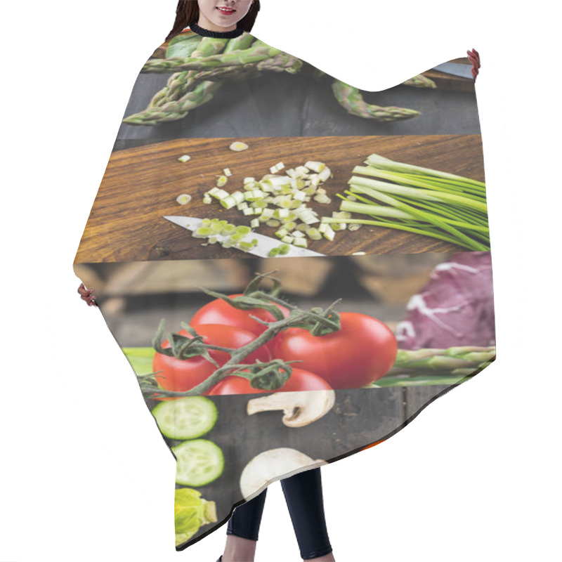 Personality  Collage Of Tomato, Asparagus, Green Onion, Mushrooms And Cucumber On Wooden Dark Table Hair Cutting Cape