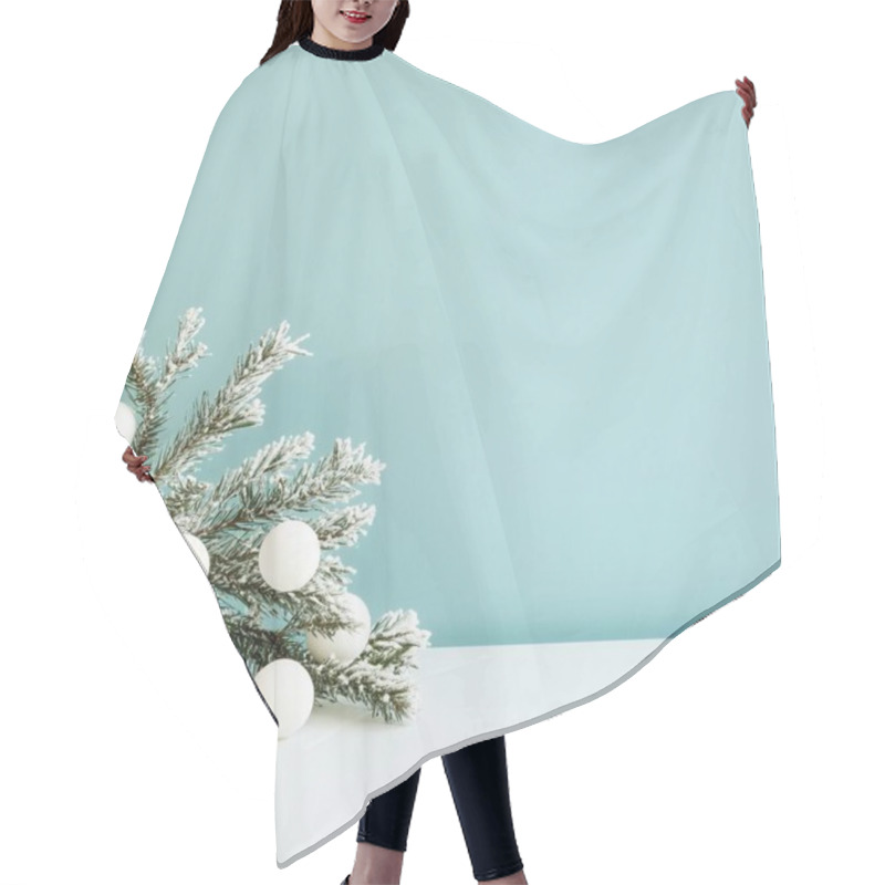 Personality  A Snowy Branch With White Ornaments Against A Light Blue Background. Hair Cutting Cape