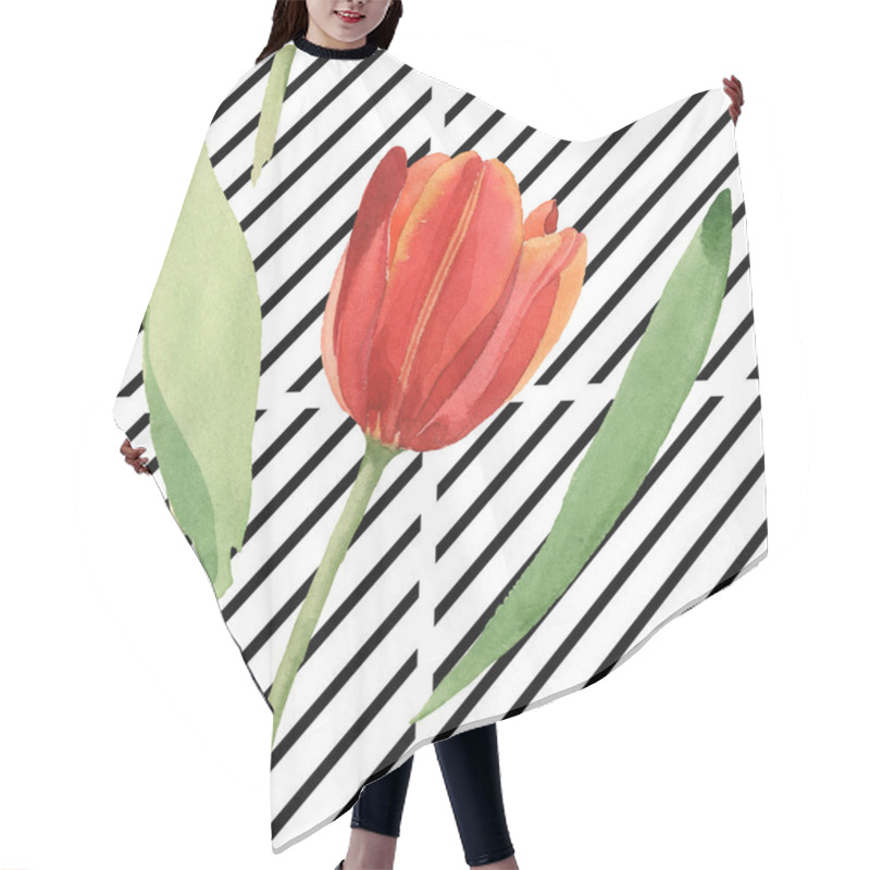 Personality  Red Tulips With Green Leaves On Black And White Striped Background. Watercolor Illustration Set. Seamless Background Pattern. Hair Cutting Cape