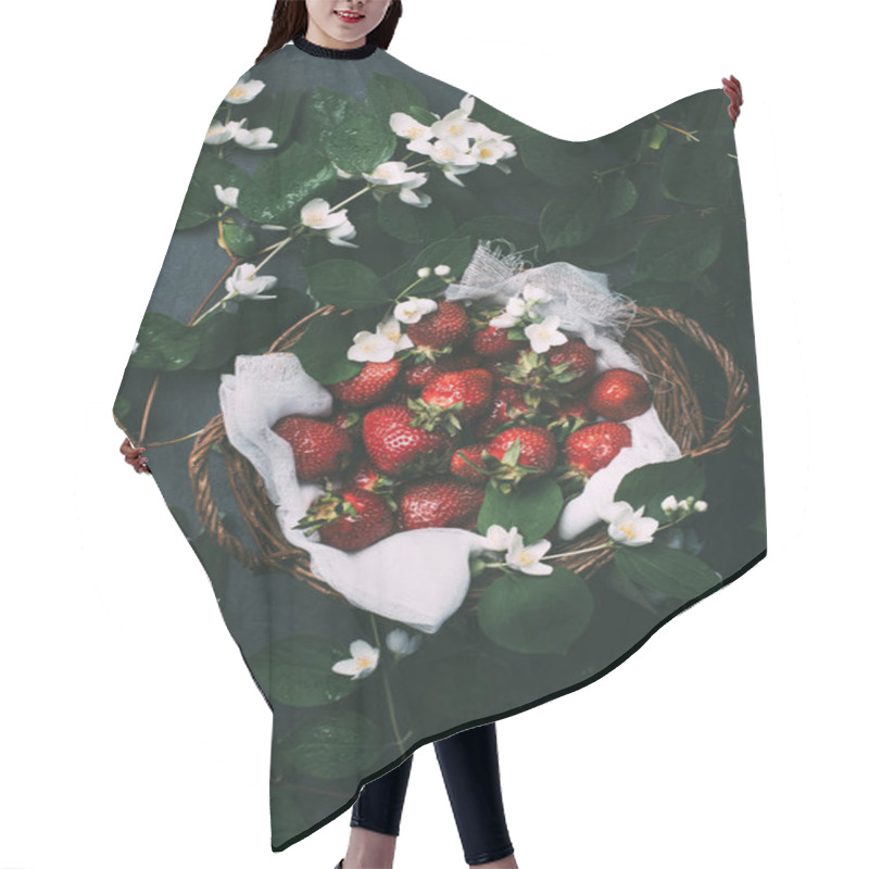 Personality  Top View Of Beautiful Jasmine Flowers And Sweet Ripe Strawberries In Basket Hair Cutting Cape