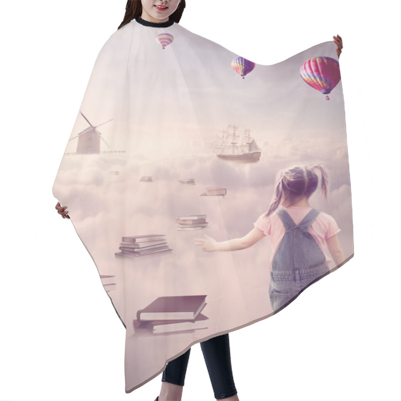 Personality  In Search For Knowledge Concept. Girl Walking Down The Book Pass Above Clouds Hair Cutting Cape