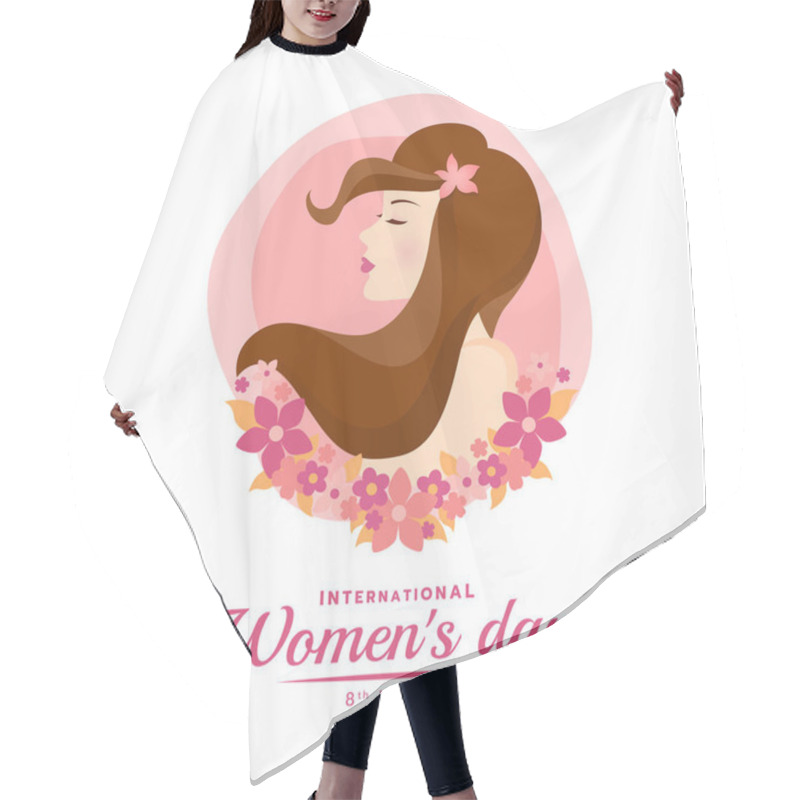 Personality  International Women's Day Banner With Woman Lady Brown Long Hair And Pink Flora Vector Design Hair Cutting Cape