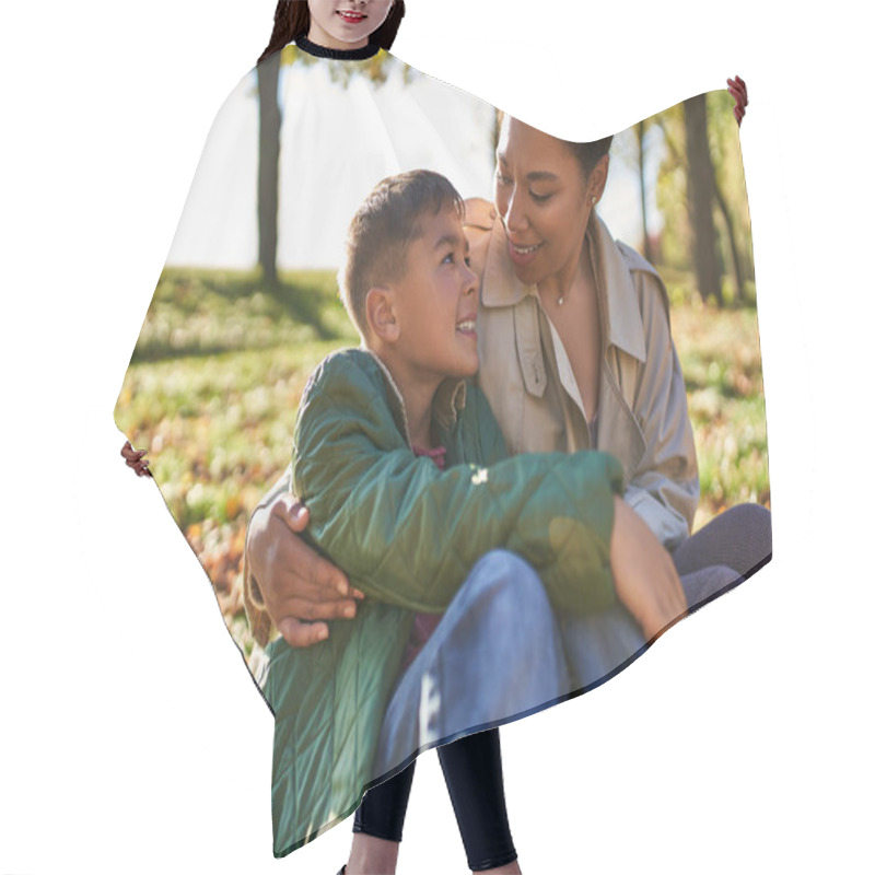 Personality  Motherly Love, Cheerful African American Woman And Son Hugging And Sitting Near Golden Leaves, Fall Hair Cutting Cape