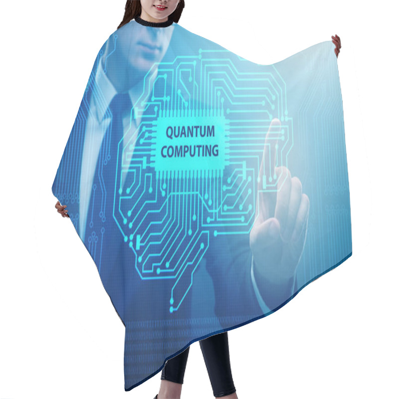 Personality  Businessman Pressing Virtual Button In Quantum Computing Concept Hair Cutting Cape