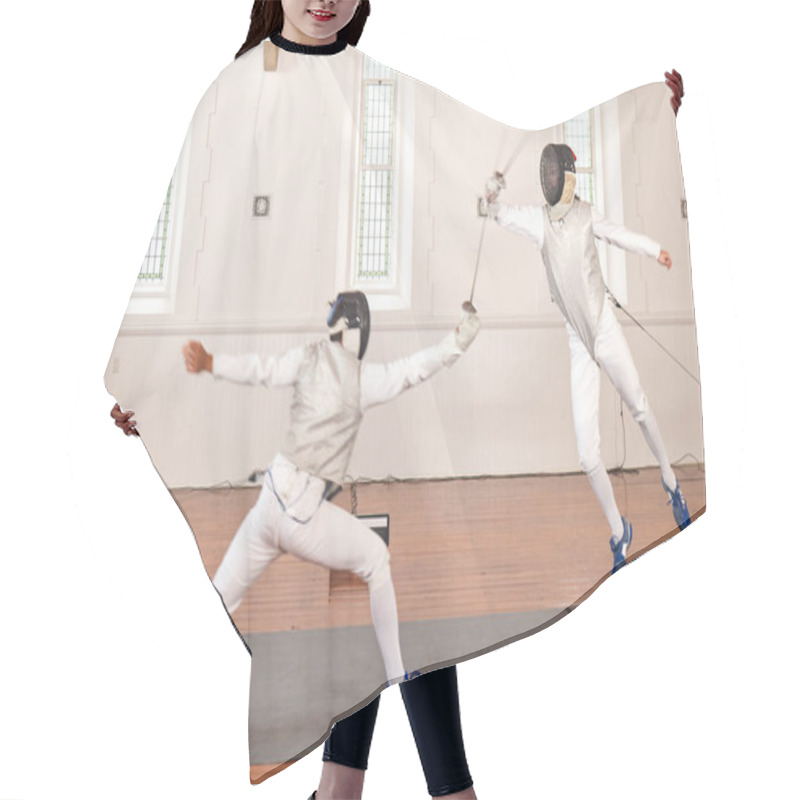 Personality  Sport, Fencing And Men With Sword To Fight In Training, Exercise Or Workout In A Hall. Martial Arts, Match And Fencers Or People With Mask And Costume For Fitness, Competition Or Target In Battle. Hair Cutting Cape