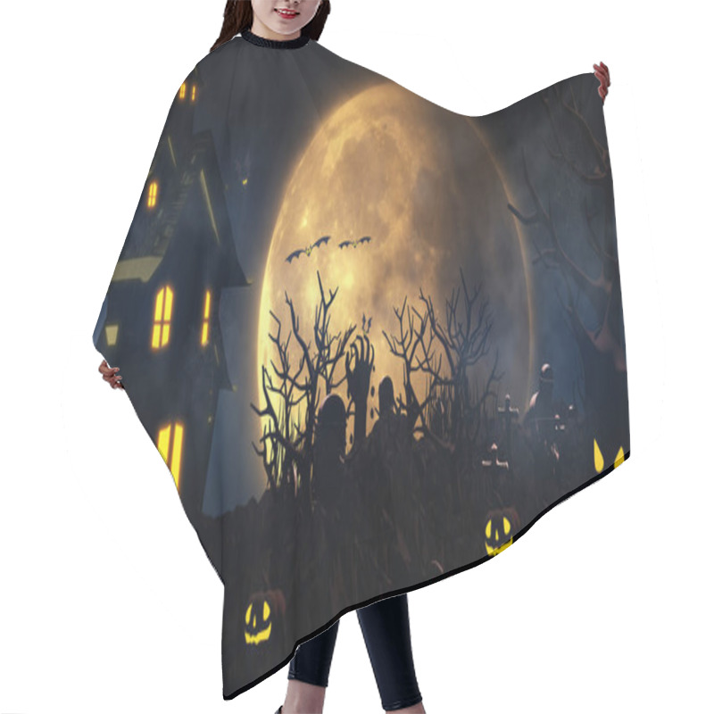 Personality  Halloween Background With Haunted House, Ghost, Bats And Pumpkins, Graves, At Misty Night Spooky With Fantastic Big Moon In Sky. 3D Rendering Hair Cutting Cape