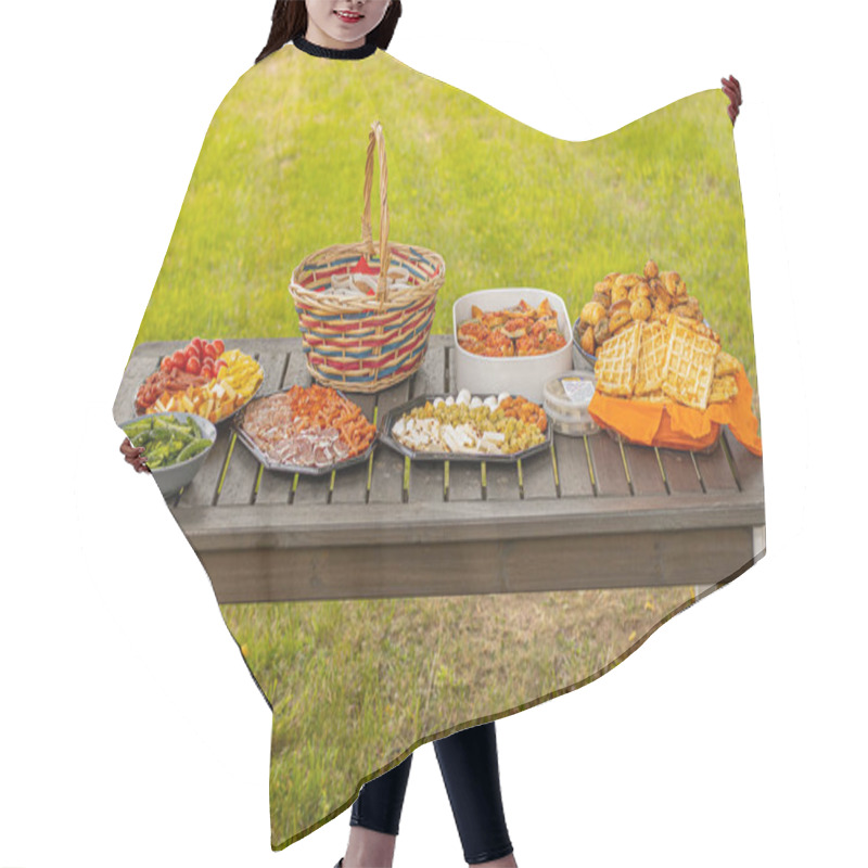 Personality  Picnic Table With Various Snacks. Sweet And Salty Snacks With Cheese And Meat Hair Cutting Cape