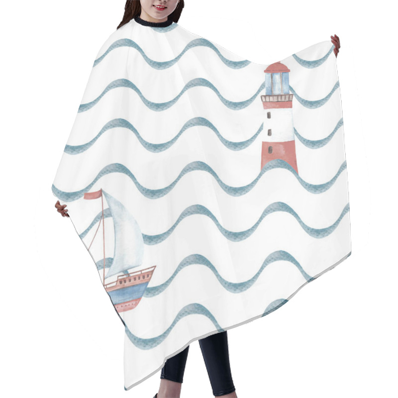 Personality  Watercolor Sea Seamless Pattern With A Sailboat And A Lighthouse. The Ship Sails On The Sea Towards Adventure. Illustration On A White Background. Waiting Of Summer. Out Of Color. Hair Cutting Cape