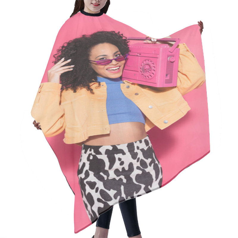 Personality  Happy African American Woman In Sunglasses Holding Boombox On Pink  Hair Cutting Cape