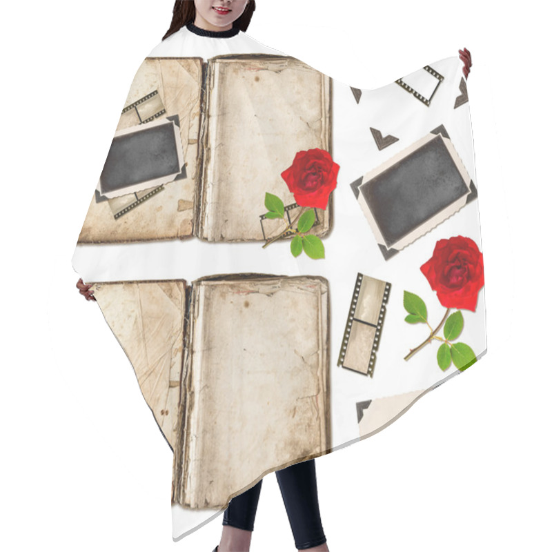 Personality  Old Book, Photo Frameds And Red Rose Flower. Scrapbook Elements Hair Cutting Cape