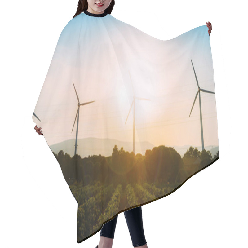 Personality  Concept Idea Eco Power Energy. Wind Turbine On Hill With Sunset Hair Cutting Cape