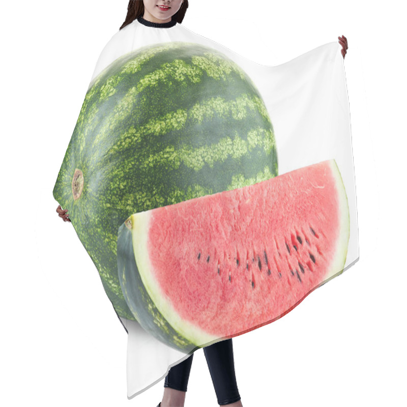 Personality  Whole And Slice Of Ripe Watermelon Isolated On White Background Hair Cutting Cape