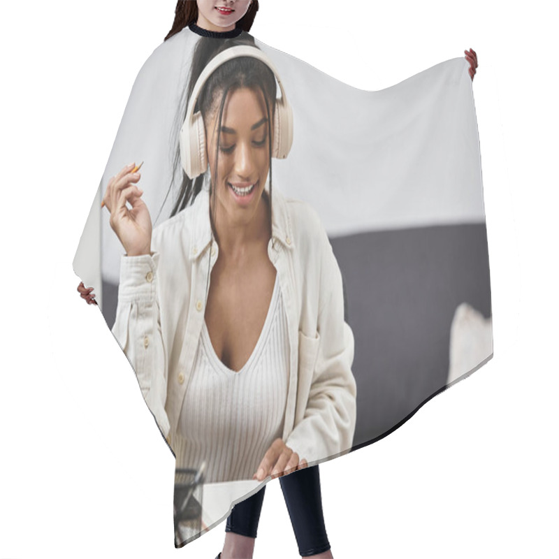 Personality  A Happy Young Woman Studies Remotely In A Cozy Home Setting. Hair Cutting Cape