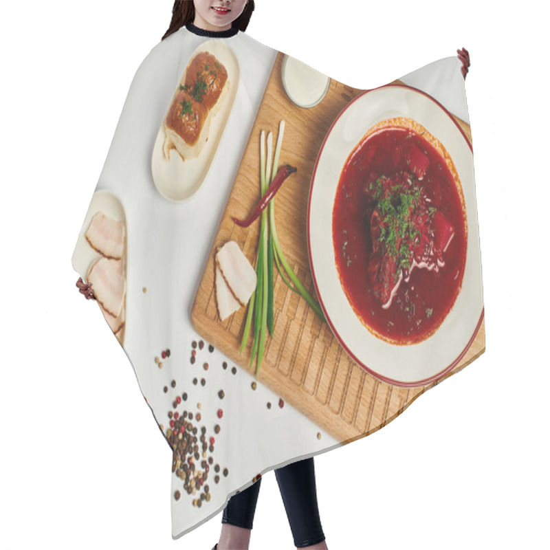 Personality  Traditional Ukrainian Borsch Near Garlic Buns, Pork Lard And Sour Cream On Cutting Board, Top View Hair Cutting Cape