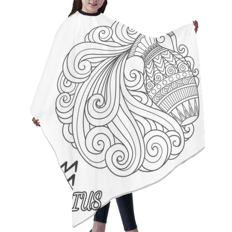 Personality  Line Art Design Of Aquarius Zodiac Sign For Design Element And Coloring Book Page. VEctor Illustration. Hair Cutting Cape