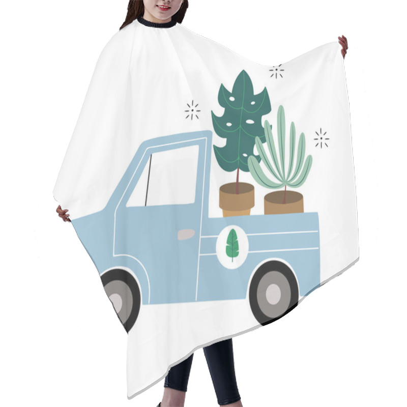 Personality  Cute Blue Delivery Truck Transporting Home Palm Plants Isolated Vector Illustration Hair Cutting Cape