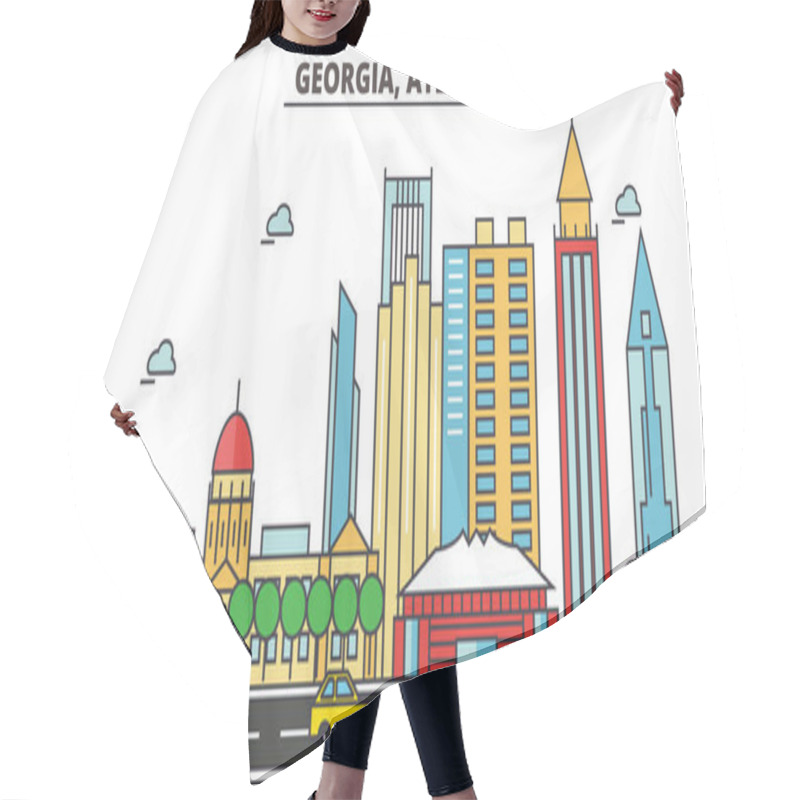 Personality  Georgia, Atlanta.City Skyline: Architecture, Buildings, Streets, Silhouette, Landscape, Panorama, Landmarks, Icons. Editable Strokes. Flat Design Line Vector Illustration Concept. Hair Cutting Cape