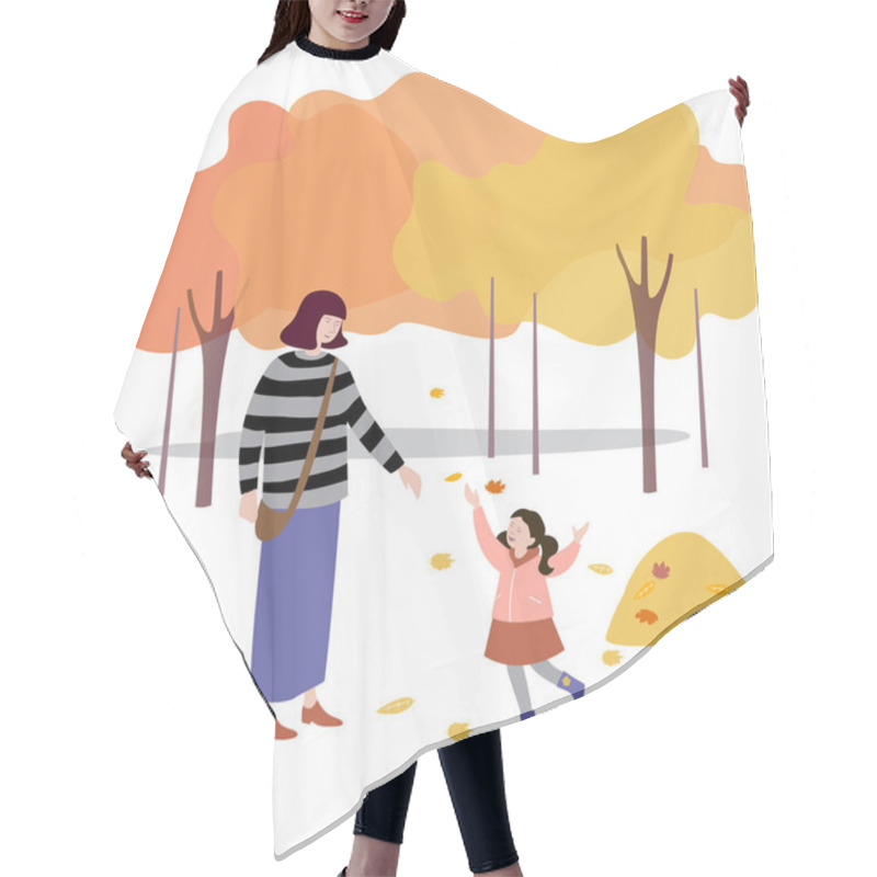 Personality  Woman Walks With Her Daughter In The Park, Throws Up Autumn Leaves Hair Cutting Cape